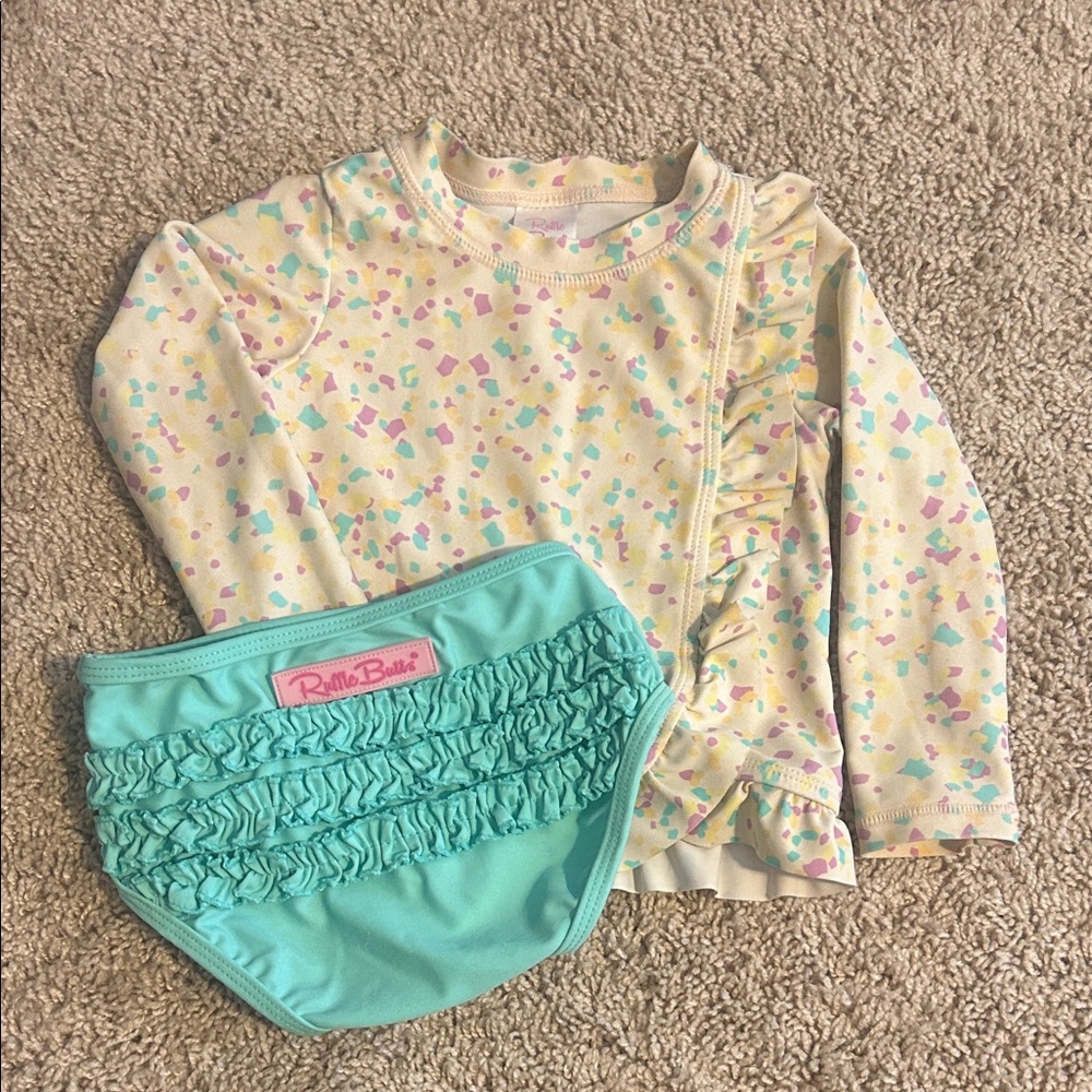 Ruffle Butts Girls Swim Bottoms & Pastel Print Rash Guard